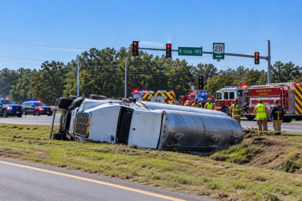 Tráiler cargado con 5,500 galones de combustible vuelca en Gladewater